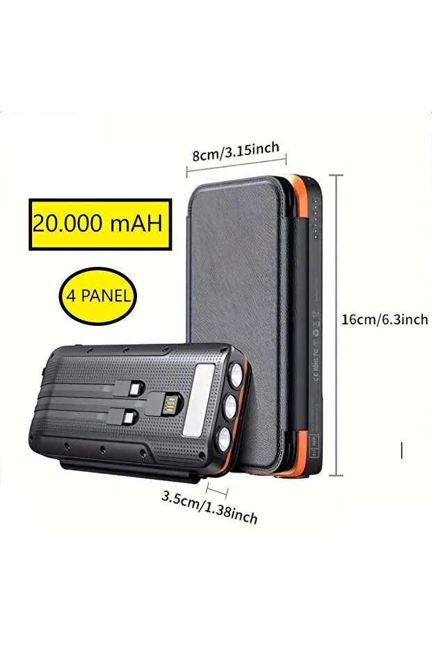 Güneş Enerjili 20000 Mah Powerbank solar 4 Panel Su Geçirmez Hızlı PD 20W Hızlı Şarj